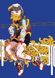 Rule 34 | 1girl, absurdres, black hair, blue background, covering own mouth, full body, highres, jacket, long sleeves, looking at viewer, miniskirt, multicolored hair, original, pnikatro, simple background, sitting, sitting on fence, skirt, solo, tentacles, white hair, yellow eyes
