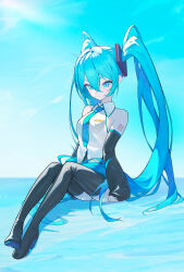 Rule 34 | 1girl, absurdres, aqua eyes, aqua hair, aqua necktie, black footwear, black skirt, boots, breasts, collared shirt, crossed bangs, detached sleeves, full body, hair between eyes, hatsune miku, high heel boots, high heels, highres, long hair, long sleeves, looking at viewer, necktie, nikki l, shirt, sitting, skirt, sleeveless, sleeveless shirt, sleeves past wrists, small breasts, solo, thigh boots, twintails, very long hair, vocaloid, white shirt