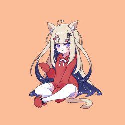 Rule 34 | 1girl, amanogawa shiina, animal ears, cat ears, cat tail, cross (vgne4542), highres, long hair, phase connect, purple eyes, ribbon, simple background, solo, tail