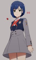 Rule 34 | 10s, 1girl, blue hair, closed mouth, commentary request, cowboy shot, darling in the franxx, dress, food, fruit, green eyes, grey background, grey dress, highres, ichigo (darling in the franxx), long sleeves, looking at viewer, name connection, object namesake, pleated dress, short hair, simple background, solo, strawberry, suzuki puramo