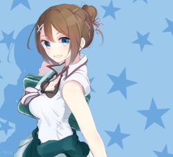 Rule 34 | 10s, 1girl, alternate costume, alternate hairstyle, bag, blue background, blue eyes, breasts, brown hair, cleavage, commentary request, eyebrows, hair ornament, highres, kantai collection, looking to the side, maya (kancolle), medium breasts, open mouth, school bag, school uniform, short hair, solo, star (symbol), starry background, tebi (tbd11), x hair ornament