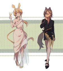 Rule 34 | 2girls, absurdres, alternate costume, animal ears, arknights, black dress, black footwear, blonde hair, breasts, brown hair, chinese commentary, cleavage, closed mouth, collarbone, commentary request, cup, dorothy (arknights), dress, drinking glass, earrings, full body, hair between eyes, hand on own cheek, hand on own face, hand up, highres, holding, holding cup, jewelry, long hair, long sleeves, looking at viewer, medium breasts, mouse ears, mouse tail, multiple girls, penance (arknights), shoes, tail, white dress, wolf ears, wolf tail, xuanxiaoqingtamia, yellow eyes, yellow footwear
