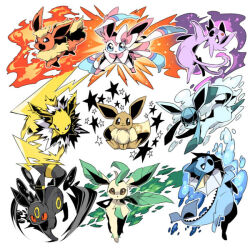 Rule 34 | animal focus, black eyes, blue eyes, bright pupils, brown eyes, colored sclera, creatures (company), eevee, espeon, evolutionary line, fang, fire, flareon, game freak, gen 1 pokemon, gen 2 pokemon, gen 4 pokemon, gen 6 pokemon, glaceon, ice, jolteon, leaf, leafeon, nintendo, no humans, pokemon, pokemon (creature), purple eyes, red sclera, sgawarananto, simple background, smile, sylveon, thunder, umbreon, vaporeon, water, white background, white pupils