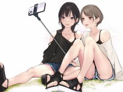 Rule 34 | 2girls, ama mitsuki, bare legs, bare shoulders, black eyes, black hair, blush, brown eyes, brown hair, cellphone, denim, denim shorts, highres, holding, holding stick, jewelry, long sleeves, multiple girls, necklace, off shoulder, open mouth, original, phone, selfie, selfie stick, shorts, simple background, sitting, smartphone, smile, stick, taking picture, toeless footwear, toes, white background