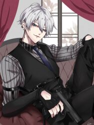 Rule 34 | 1boy, ahoge, bad id, bad twitter id, belt, black gloves, black pants, blue eyes, blue necktie, commentary request, couch, cross piercing, curtains, dress shirt, elbow gloves, fingerless gloves, glove garter, gloves, grey hair, grey shirt, gun, half gloves, hand on own knee, handgun, highres, holding, holding gun, holding weapon, indoors, looking at viewer, male focus, multiple belts, nagisa2gi, necktie, o-ring, on couch, pale skin, pants, pinstripe pattern, pinstripe shirt, shirt, short hair, signature, single elbow glove, single half glove, sitting, sleeve garter, striped, v-shaped eyebrows, virtual youtuber, vyse yagami, wactor production, waistcoat, weapon, window