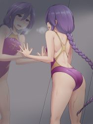 Rule 34 | 1girl, against glass, ass, backless swimsuit, braid, breath, commission, competition swimsuit, cowboy shot, from behind, highres, long hair, melty blood, one-piece swimsuit, pataneet, purple eyes, purple hair, purple one-piece swimsuit, reflection, single braid, sion eltnam atlasia, skeb commission, solo, standing, swimsuit, tsukihime