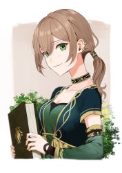 Rule 34 | 1girl, alternate costume, alternate hairstyle, arabian clothes, book, brown hair, choker, commentary request, earrings, genshin impact, green eyes, highres, jewelry, lisa (genshin impact), long hair, ponytail, smile, solo, yamabuki0211