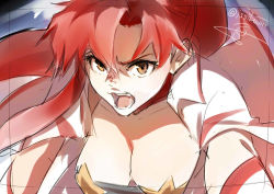 Rule 34 | 1girl, artist name, breasts, brown eyes, cleavage, d:, d:&lt;, floating hair, heart, isshiki (ffmania7), jacket, long hair, medium breasts, open clothes, open jacket, open mouth, parted bangs, pasties, ponytail, red hair, signature, sketch, solo, teeth, tengen toppa gurren lagann, twitter username, upper body, v-shaped eyebrows, yoko littner