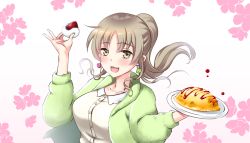 Rule 34 | 1girl, :d, arm up, blush, brown eyes, brown hair, collarbone, collared shirt, commentary request, dress shirt, earrings, floating hair, floral background, food, gradient background, green jacket, hair between eyes, hand up, holding, holding food, holding plate, jacket, jewelry, long hair, long sleeves, nijisanji, omelet, omurice, open clothes, open jacket, open mouth, parted bangs, pink background, plate, ponytail, puffy long sleeves, puffy sleeves, shirihime, shirt, sister claire, smile, solo, upper body, virtual youtuber, white background, white shirt
