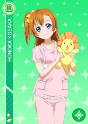 Rule 34 | 1girl, asymmetrical hair, blue eyes, breasts, brown hair, card (medium), holding, holding toy, kosaka honoka, looking at viewer, love live!, love live! school idol festival, love live! school idol project, official art, one side up, pajamas, short hair, smile, stuffed animal, stuffed toy, toy