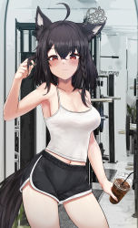 Rule 34 | 1girl, absurdres, ahoge, animal ears, black hair, blush, braid, breasts, camisole, casual, cup, disposable cup, dolphin shorts, drinking straw, fang, fang out, fox ears, fox girl, fox tail, gym, gym shorts, highres, hololive, kurokami fubuki, medium breasts, midriff, navel, photo background, qualthis, red eyes, short hair, shorts, side braid, sleeveless, solo, tail, virtual youtuber
