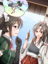 Rule 34 | 10s, 2girls, aircraft, airplane, anti (untea9), black hair, blush, brown eyes, brown hair, elbow gloves, fairy (kancolle), gloves, hachimaki, hair ribbon, headband, high ponytail, highres, japanese clothes, kantai collection, long hair, multiple girls, muneate, open mouth, ponytail, ribbon, smile, thought bubble, tone (kancolle), twintails, type 99 dive bomber, zuihou (kancolle)