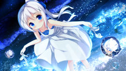 Rule 34 | 1girl, absurdres, bare arms, bare shoulders, blue bow, blue eyes, blush, bow, breasts, bubble, chinomaron, closed mouth, dress, gochuumon wa usagi desu ka?, hair between eyes, hair bow, hair ornament, high heels, high ponytail, highres, holding, holding shoes, kafuu chino, leaning forward, long hair, ponytail, reflection, shoes, unworn shoes, sleeveless, sleeveless dress, small breasts, smile, solo, standing, very long hair, white dress, white footwear, white hair, x hair ornament
