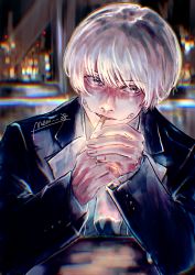 Rule 34 | 1boy, 38 (mew 38), absurdres, artist name, bad id, bad pixiv id, black jacket, black suit, cigarette, facial tattoo, formal, highres, holding, holding lighter, huge filesize, inumaki toge, jacket, jujutsu kaisen, lighter, lighting cigarette, long sleeves, looking away, male focus, mouth hold, purple eyes, shirt, short hair, silver hair, solo, suit, tattoo, upper body, white shirt