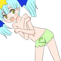 Rule 34 | 10s, 1girl, blue hair, blush, blush stickers, covering privates, covering chest, dutch angle, hair ornament, highres, hoshikawa lily, long hair, looking at viewer, navel, open mouth, shorts, simple background, smile, solo, standing, star (symbol), star hair ornament, tekisui, topless, twintails, white background, yellow eyes, zombie, zombie land saga