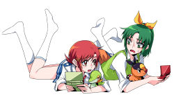 Rule 34 | 10s, 2girls, bow, creatures (company), crossover, game freak, gen 5 pokemon, green eyes, green hair, green sweater vest, hair bow, hair ornament, hairclip, handheld game console, hino akane (smile precure!), lying on person, midorikawa nao, multiple girls, nintendo, nintendo ds, no shoes, open mouth, pokemon, pokemon (creature), ponytail, precure, red eyes, red hair, school uniform, simple background, sleeves rolled up, smile precure!, snivy, socks, sweatdrop, sweater vest, tepig, tima, white legwear