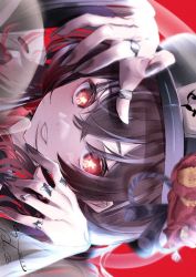 Rule 34 | 1girl, black hat, brown hair, commentary request, flower, flower-shaped pupils, genshin impact, ghost, ghost pose, grin, hat, hat flower, highres, hu tao (genshin impact), looking at viewer, porkpie hat, portrait, red eyes, signature, smile, solo, symbol-shaped pupils, urotare