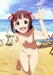Rule 34 | 1girl, absurdres, akai toshifumi, amami haruka, arm up, barefoot, beach, blush, breasts, brown hair, chair, cleft of venus, cloud, drink, feet, green eyes, hair ribbon, happy, highres, idolmaster, idolmaster (classic), legs, lounge chair, medium breasts, navel, nipples, nude, nude filter, nudist, ocean, open mouth, pussy, red ribbon, ribbon, sand, short hair, sky, smile, solo, table, third-party edit, toes, uncensored, water, waving