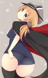 Rule 34 | 10s, 1girl, adjusting clothes, adjusting swimsuit, ass, blonde hair, cape, green eyes, hat, kantai collection, one-piece swimsuit, prinz eugen (kancolle), school swimsuit, solo, swimsuit, thigh gap, thighhighs, twintails, watanon (gakushokutei), zettai ryouiki