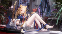 Rule 34 | 1girl, absurdres, amplifier, animal, animal ears, archetto (arknights), archetto (publicity strategy) (arknights), arknights, blonde hair, blue eyes, blue shirt, bow, bow (weapon), bowtie, candlestand, copyright name, electric guitar, frilled skirt, frills, full body, guitar, hair bow, hand up, heterochromia, highres, indoors, instrument, knees up, lamp, legs, ling dianxia, lion ears, lion girl, lion tail, long hair, looking at viewer, microphone, microphone stand, mixing console, parted lips, plant, potted plant, pouch, red bird, red bow, red bowtie, red eyes, shirt, short sleeves, sitting, skirt, solo, tail, thighhighs, thighs, weapon, white skirt, white thighhighs, window