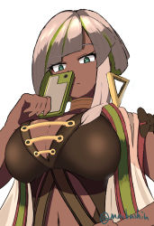 Rule 34 | 1girl, absurdres, breasts, cellphone, cleavage, dark skin, diagonal bangs, duel monster, ear piercing, evil twin&#039;s trouble sunny, from below, green eyes, green hair, grey hair, highres, holding, holding phone, large breasts, looking at viewer, luna (dm) (yu-gi-oh!), meda otoko, midriff, multicolored hair, navel, phone, piercing, short hair, signature, smartphone, solo, white background, yu-gi-oh!