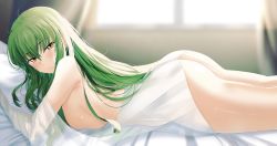 Rule 34 | 1girl, ass, bedroom, blurry, blurry background, blush, breast press, breasts, c.c., code geass, completely nude, curtains, from side, green hair, hair between eyes, highres, indoors, large breasts, long hair, looking at viewer, lying, nicky w, nude, on stomach, pillow, see-through, shiny skin, solo, straight hair, under covers, yellow eyes
