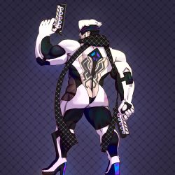Rule 34 | 1boy, 3d, absurdres, ass, back cutout, back tattoo, backless outfit, bara, between buttocks, bikini briefs, black bodysuit, black scarf, bodysuit, cerothoni (0thoni), character request, clothing cutout, copyright request, dual wielding, from behind, full body, gun, highres, holding, holding gun, holding weapon, looking to the side, male focus, male underwear, muscular, muscular male, scarf, short hair, solo, tattoo, thick thighs, thighs, underwear, weapon, white hair