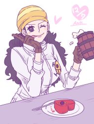 Rule 34 | 1girl, ak onpp, black hair, blush, closed mouth, curly hair, earrings, gloves, hat, ikkaku (one piece), jewelry, long hair, looking at viewer, one eye closed, one piece, orange hair, overalls, plate, solo, tongue, tongue out