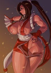 Rule 34 | 1girl, areola slip, bare shoulders, breasts, brown hair, cleavage, closed mouth, covered erect nipples, curvy, dress, fatal fury, fingernails, folding fan, gradient background, groin, hand fan, hand on own hip, high ponytail, highres, holding, holding fan, huge breasts, large areolae, legs together, lips, long hair, nail polish, ninja, nipple slip, nipples, no bra, outstretched arm, pelvic curtain, pink lips, ponytail, red dress, red eyes, red nails, rope, sash, sashizume soutarou, shimenawa, shiranui mai, sideboob, smile, solo, sparks, the king of fighters, thick thighs, thighs, v-shaped eyebrows, very long hair, wide hips