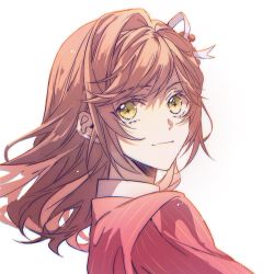 Rule 34 | 1girl, brown hair, closed mouth, green eyes, hair ornament, highres, jacket, jiukuzi18797, long hair, long sleeves, looking at viewer, red jacket, rosa (tears of themis), simple background, smile, solo, tears of themis, upper body, white background