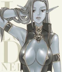 Rule 34 | 1girl, armband, text background, black eyes, blue skin, breasts, cleavage cutout, clothing cutout, colored skin, dark elf, dark skin, dark-skinned female, elf, female focus, hair flip, large breasts, lineage, lineage 2, long hair, oso (artist), pointy ears, silver hair, solo, text focus