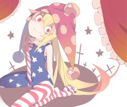 Rule 34 | 1girl, akimaki yuu, american flag dress, american flag legwear, artistic error, blonde hair, clownpiece, constricted pupils, crazy eyes, curtains, full body, hat, jester cap, long hair, looking at viewer, pantyhose, print pantyhose, red eyes, shaded face, sitting, sleeveless, smile, solo, star (symbol), striped clothes, striped pantyhose, touhou, white background, wrong foot