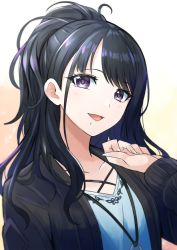 Rule 34 | 1girl, black hair, blush, character request, commentary request, copyright request, eyelashes, gradient background, happy, light blush, long hair, looking at viewer, mole, open mouth, ponytail, purple eyes, smile, solo, tsukikage oyama
