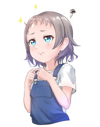 Rule 34 | 1girl, aged down, blue eyes, fingers together, frown, grey hair, index fingers together, kanabun, love live!, love live! sunshine!!, overalls, short hair, short sleeves, simple background, solo, sparkle, squiggle, tears, upper body, watanabe you, white background