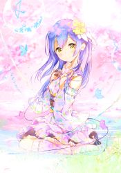 Rule 34 | 1girl, bare shoulders, blue hair, blush, closed mouth, commentary request, detached sleeves, floral print, flower, from side, full body, hair between eyes, hair flower, hair ornament, hand in own hair, highres, holding, holding microphone, japanese clothes, kimono, long hair, long sleeves, looking at viewer, looking to the side, love live!, love live! school idol festival, love live! school idol project, microphone, no shoes, seiza, shouma (1026syoma), sitting, smile, solo, sonoda umi, wide sleeves, yellow eyes, yukata