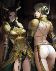 Rule 34 | 2girls, armlet, armor, ass, back, backless outfit, blonde hair, breastplate, circlet, elbow pads, fake horns, gloves, gold trim, green eyes, horned headwear, horns, jewelry, kulve taroth (armor), leotard, leotard under clothes, looking at viewer, looking back, medium hair, monster hunter, monster hunter: world, monster hunter (series), multiple girls, parted lips, phamoz, ponytail, reversed, smile, yellow eyes