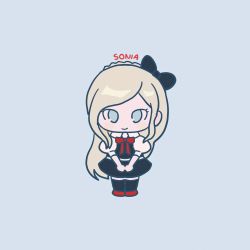 Rule 34 | 1girl, akiko 141, black bow, black dress, black thighhighs, blonde hair, blue background, blush, bow, braid, character name, chibi, closed mouth, commentary request, danganronpa (series), danganronpa 2: goodbye despair, dress, full body, hair bow, highres, long hair, looking at viewer, puffy short sleeves, puffy sleeves, red neckwear, ribbon, shoes, short sleeves, simple background, smile, solo, sonia nevermind, thighhighs, v arms
