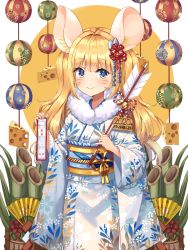 Rule 34 | 1girl, animal ears, arrow (projectile), ball, bamboo, bell, blonde hair, blue eyes, blue kimono, blush, cheese, closed mouth, commentary request, ema, facial mark, floral print, food, hamaya, holding, holding arrow, japanese clothes, jingle bell, kadomatsu, kimono, long hair, long sleeves, looking at viewer, mouse ears, obi, original, print kimono, ruda (ruda e), sash, smile, solo, twintails, whisker markings, wide sleeves