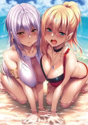 Rule 34 | 2girls, all fours, armlet, ayase kaya, ayase touka (piromizu), bad id, bad yandere id, bangle, barefoot, beach, bikini, blonde hair, blue eyes, blurry, blurry background, bracelet, breasts, choker, cleavage cutout, closed mouth, clothing cutout, comic exe, day, depth of field, earrings, fingernails, fisheye, frown, hair between eyes, highres, hoop earrings, jewelry, large breasts, long fingernails, long hair, looking at viewer, multi-strapped bikini, multiple girls, nail polish, necklace, open mouth, original, outdoors, piromizu, ponytail, purple hair, red bikini, red nails, sidelocks, swimsuit, wet, wet hair, yellow eyes