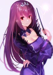 Rule 34 | 1girl, absurdres, breasts, crossed arms, dress, fate/grand order, fate (series), fur trim, highres, jewelry, kujou ichiso, large breasts, long hair, pendant, purple hair, red eyes, scathach (fate), scathach skadi (fate), smile, solo, tiara, wand