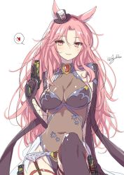 Rule 34 | 10s, 1girl, 47agdragon, animal ears, black thighhighs, blush, breasts, cat ears, catharine (granblue fantasy), cleavage, covered navel, erune, flower, garter belt, garter straps, granblue fantasy, gun, hat, highres, holding, leotard, long hair, looking at viewer, mini hat, mini top hat, navel, pink eyes, pink hair, simple background, sitting, smile, solo, thighhighs, top hat, trigger discipline, weapon, white background