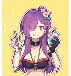 Rule 34 | 1girl, bikini, black bikini, commentary request, cup, fire emblem, fire emblem: three houses, fire emblem heroes, fire emblem warriors: three hopes, flower, haconeri, hair flower, hair ornament, hair over one eye, holding, holding cup, jewelry, licking lips, necklace, nintendo, official alternate costume, purple eyes, purple hair, shez (female) (fire emblem), shez (female) (summer) (fire emblem), shez (fire emblem), smile, swimsuit, tongue, tongue out
