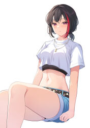 Rule 34 | 1girl, absurdres, alternate costume, bang dream!, black hair, blue shorts, breasts, closed mouth, commentary, crop top, fishnet top, fishnets, highres, invisible chair, jewelry, looking at viewer, medium breasts, midriff, mitake ran, multicolored hair, navel, necklace, ptal, purple eyes, red hair, shirt, short hair, short shorts, short sleeves, shorts, sidelocks, simple background, sitting, solo, streaked hair, t-shirt, white background, white shirt
