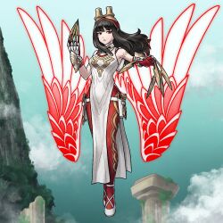 Rule 34 | 1girl, bare shoulders, bird girl, claw (weapon), claws, coat, commission, feather-trimmed coat, fire emblem, fire emblem heroes, flying, gloves, glowing, glowing wings, grimaisbestwaifu, highres, hraesvelgr (fire emblem), leggings, nintendo, red aura, red gloves, red leggings, red wings, second-party source, solo, weapon, wings