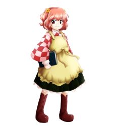 Rule 34 | 1girl, apron, bell, book, boots, bow, checkered clothes, checkered kimono, cross-laced footwear, female focus, full body, hair bell, hair ornament, holding, huyusilver, japanese clothes, kimono, lace-up boots, long sleeves, looking at viewer, motoori kosuzu, official style, parody, pink eyes, pink hair, red eyes, red hair, short hair, simple background, smile, solo, style parody, touhou, twintails, two side up, white background, zun (style)