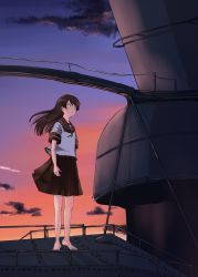 Rule 34 | absurdres, arms at sides, barefoot, black cloud, brown eyes, brown hair, brown sailor collar, brown skirt, character request, check character, closed mouth, cloud, cloudy sky, highres, kantai collection, kuragare, long hair, orange sky, pleated skirt, sailor collar, school uniform, serafuku, shikinami (kancolle), ship, shirt, skirt, sky, solo, standing, sunset, transparent, watercraft, white shirt