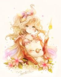 Rule 34 | 1girl, bare shoulders, blonde hair, blue eyes, bridal gauntlets, cape, character name, closed mouth, collarbone, earrings, final fantasy, final fantasy vi, fire, flower, hair ornament, index finger raised, jewelry, leaf, long hair, mog, moogle, pink cape, pink flower, ponytail, smile, star (symbol), sui (petit comet), tina branford, wavy hair, white flower