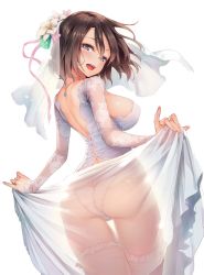 Rule 34 | 1girl, ass, breasts, bridal veil, brown hair, comic kairakuten, from behind, highres, large breasts, looking at viewer, michiking, original, panties, see-through, simple background, smile, solo, thigh gap, thighhighs, underwear, veil, white background, white panties, white thighhighs