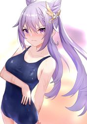 Rule 34 | 1girl, 3:, absurdres, alternate costume, art itou, bad id, bad twitter id, blush, braid, collarbone, commentary request, genshin impact, hair between eyes, hair ornament, highres, keqing (genshin impact), long hair, looking at viewer, purple eyes, purple hair, school swimsuit, sidelocks, simple background, single braid, solo, swimsuit, twintails, v-shaped eyebrows, wet, wet clothes, wet swimsuit, white background