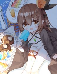 Rule 34 | 1girl, arm support, bikini, black ribbon, black robe, breasts, brown eyes, brown flower, brown hair, coconut, commentary request, cup, drink, drinking glass, drinking straw, flower, food, from above, fruit cup, hair between eyes, hair flower, hair ornament, hair ribbon, holding, holding food, ice, ice cube, jewelry, long hair, long sleeves, looking at viewer, lucena winter, navel, one side up, open clothes, open robe, original, pendant, popsicle, ribbon, robe, sitting, sleeves past wrists, small breasts, solo, swimsuit, white bikini, yuuhagi (amaretto-no-natsu)
